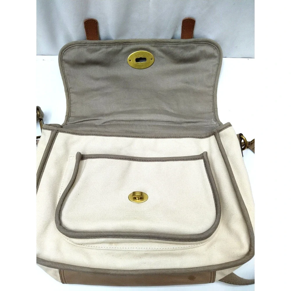 Fossil Long Live Vintage 54 Ivory Canvas Turnlock Flap Messenger Crossbody Bag